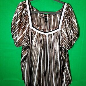 Lane Bryant Brown Striped Satin Short Sleeve Blouse Size 22/24 Square Neck Boho